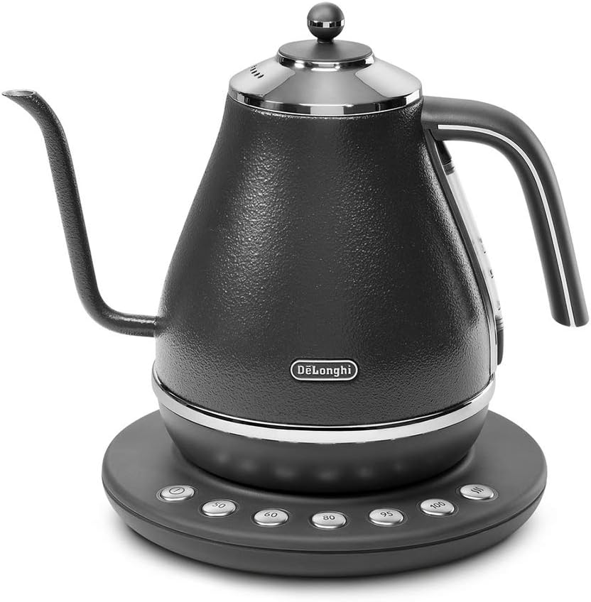 De'Longhi (デロンギ) 電気カフェケトル アイコナ KBOE1230J-GY 温度調整機能付き ステンレス ハンドドリップ 1.0L ワンプッシュ5段階温度設定 20分保温機能 正確な注ぎ心地 見やすい水量計 [プレステージグレー] デロンギファミリー登録で3年保証
