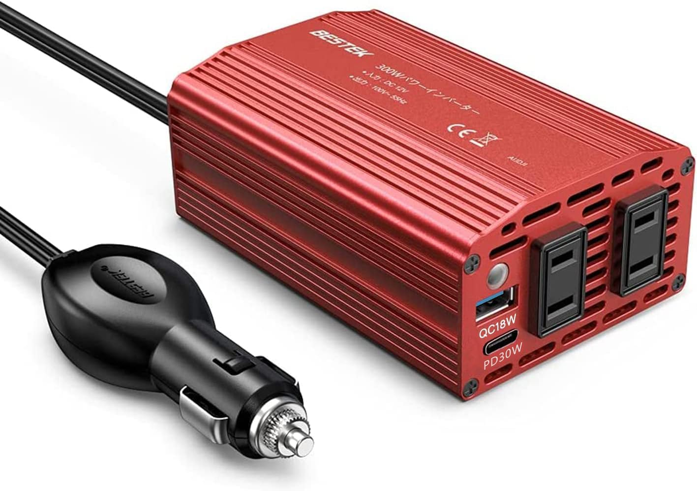 BESTEK インバーター シガーソケット コンセント 300W DC12VをAC100Vに変換 USB-C PD30W + USB-A QC18W 搭載 PD出力対応 12V車専用 カーインバーター 車載用インバーター