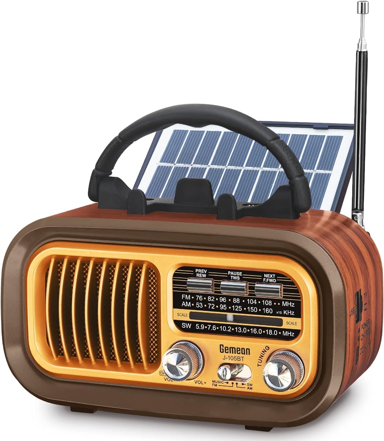 Gemean J-105BT 携帯ラジオ Radio 防災 FM/AM/SW ブルートゥース ワイドFM 高感度 USBメモリ/micro SDカード | MP3プレーヤー 短波 bluetooth 大音量 単1形電池/太陽光/USB Type-C充電対応 レトロ ハンドル付き持ち運び簡単 スマホスタンド機能 イヤホンジャックなし