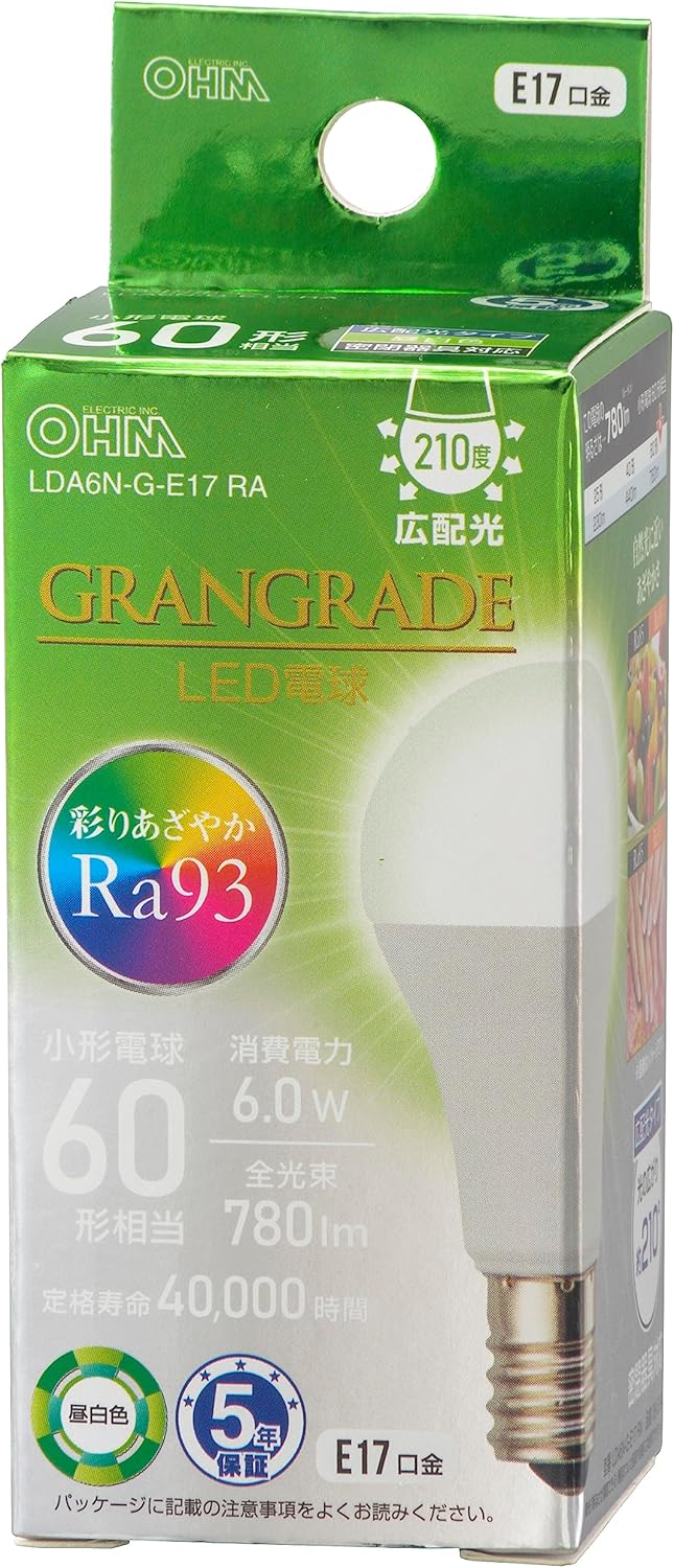 オーム電機 LED電球小形 E17 60形相当/60W相当 昼白色 Ra93高演色 密閉器具対応 断熱材施工器具対応 ミニクリプトン形 5年保証 LDA6N-G-E17 RA 06-5564 OHM