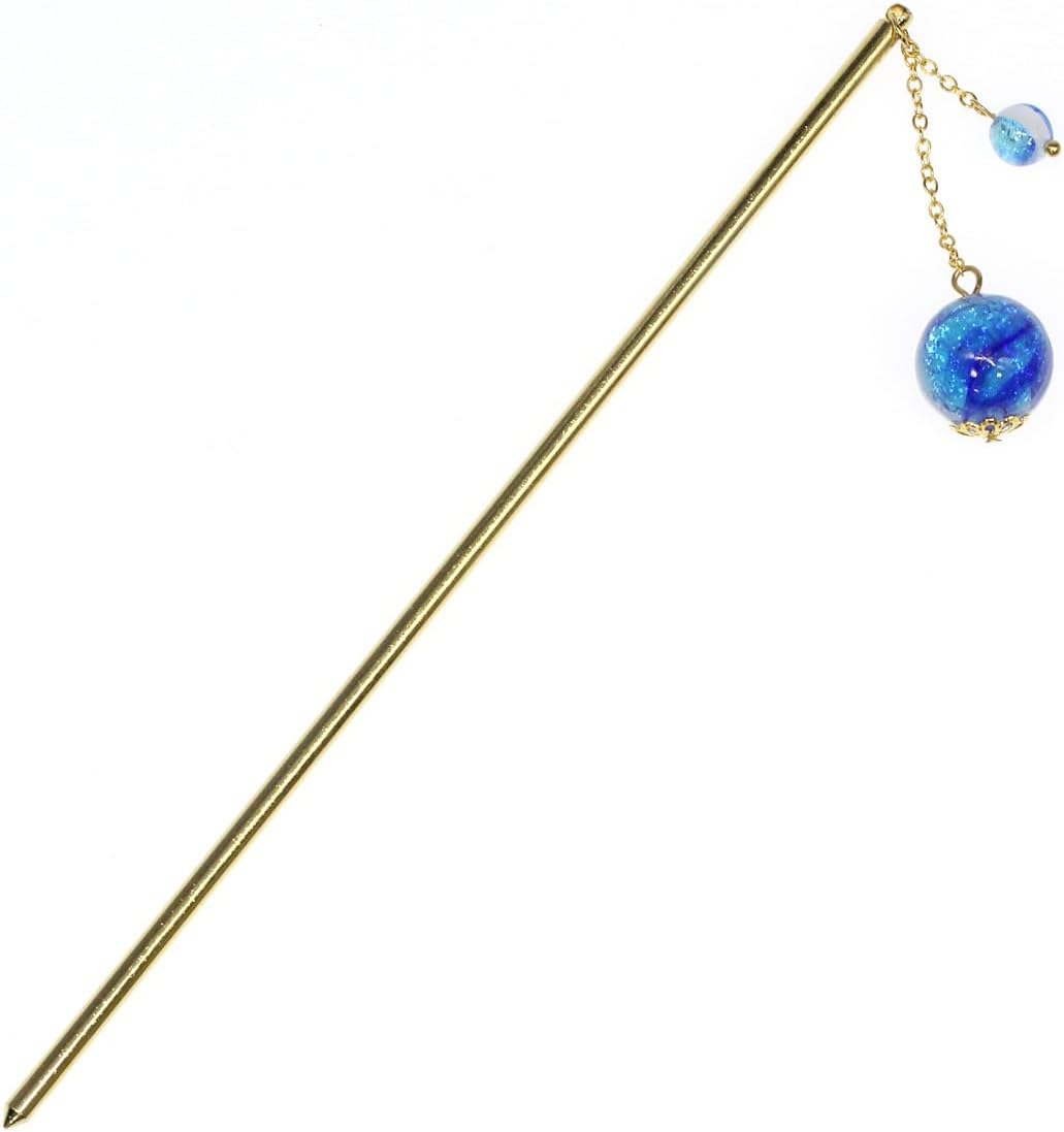 Sea drop かんざし 簪 光る ホタルガラス とんぼ玉 ミヤコマリン 14mm 6mm 蓄光 ゴールド 一本挿し 髪飾り 和風 浴衣 着物 和装 ヘアアクセサリー [232ht-05-g]