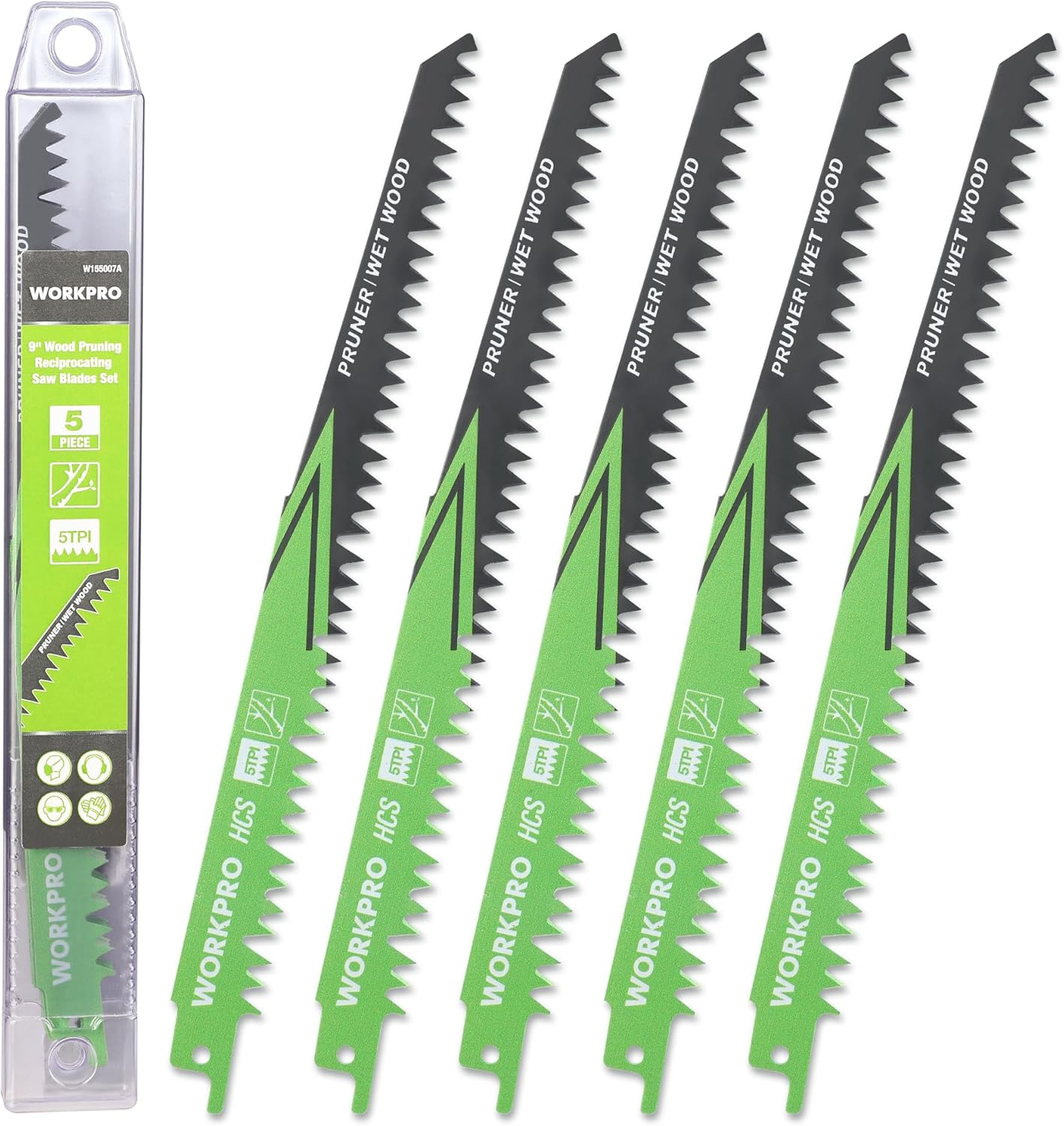 【第二代 新登場】WORKPRO レシプロソー替刃 電気のこぎり替え刃 枝切り用 木工用 生木 枝打ち 果樹剪定 庭木剪定 230mm 5本組 緑