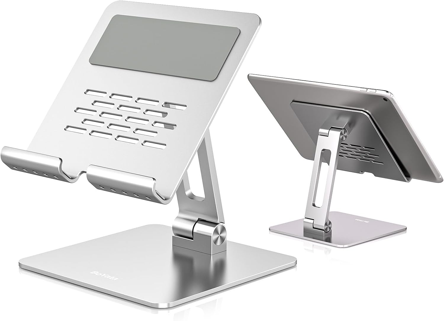 BoYata タブレットスタンド ipad/ノートPC/Surface Pro スタンド 縦置き 横置き 安定性 姿勢改善 滑り防止パッド 軽量 折りたたみ式 炭素鋼 5-13インチのMacbook/iPad/Kindle/Surface/Nintendo Switch機種などに対応 シルバー
