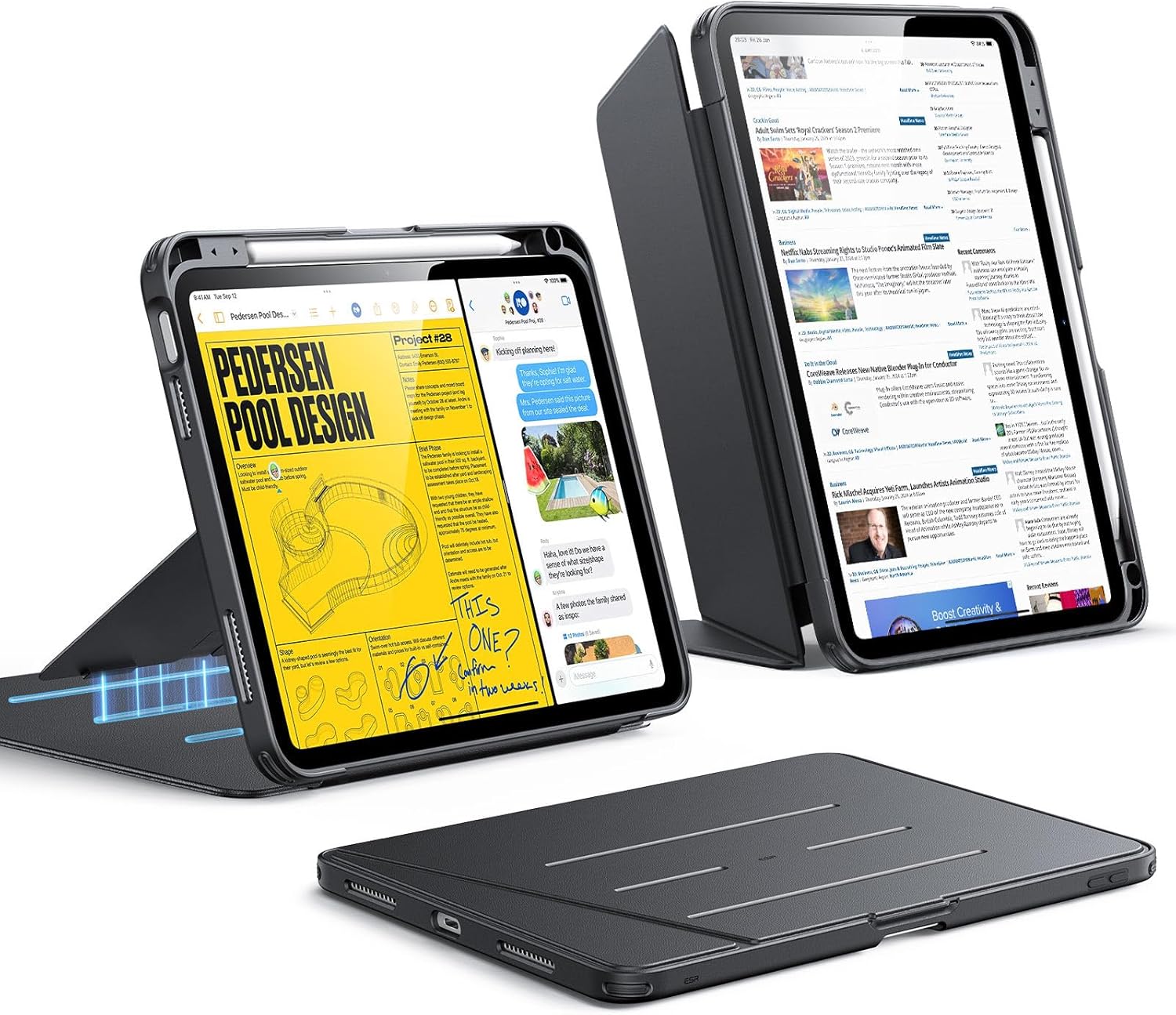 ESR iPad A16 ケース 第11世代 / 第10世代 対応 縦横対応スタンド 多角度調整 安定スタンド ペン収納 耐衝撃 全面保護 オートスリープ 11インチ/10.9インチ Flipシリーズ ブラック