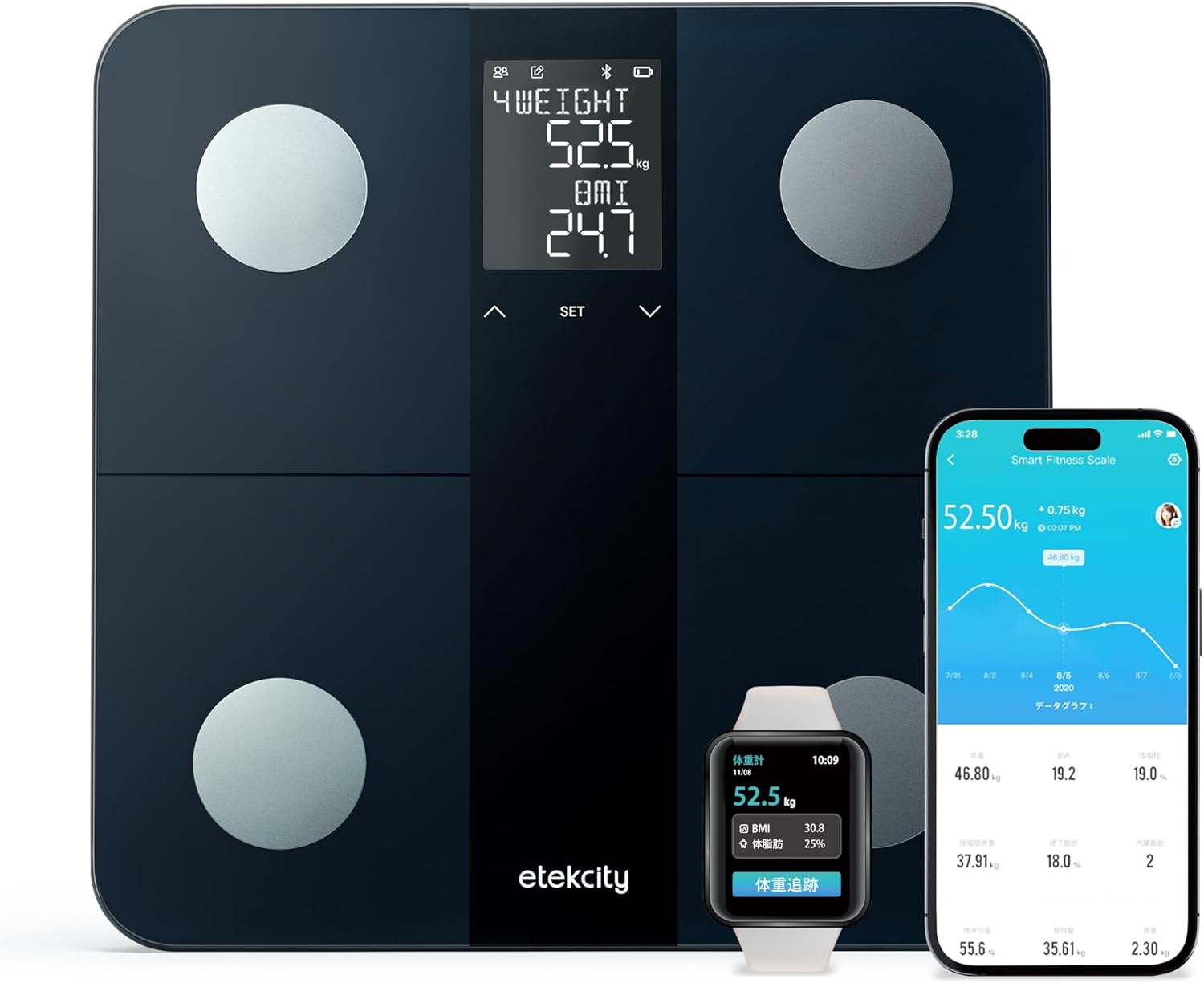 Etekcity 体重計 スマホ連動 ２年品質保証 体脂肪計・体組成計 13項目測定 健康管理 食事管理 目標設定 乗るピタ 乗るだけで測定 日本語対応APP＆取扱説明書 EFS-C651-KJP ブラック | 食事管理 目標設定 乗るピタ 日本語対応APP＆取扱説明書