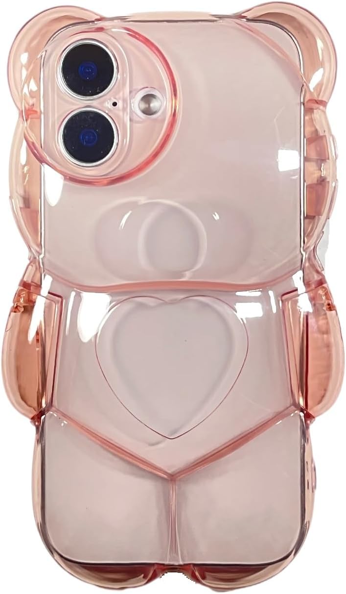スマホケース iPhone 16 ケース カバー 対応 かわいい 漫画 韓国 お洒落 3D 透明 クマ 携帯ケース 女性 女の子 防振 キャラクター おしゃれ TPU 耐衝撃 スリム iPhoneケース（iPhone16，ピンク-熊）