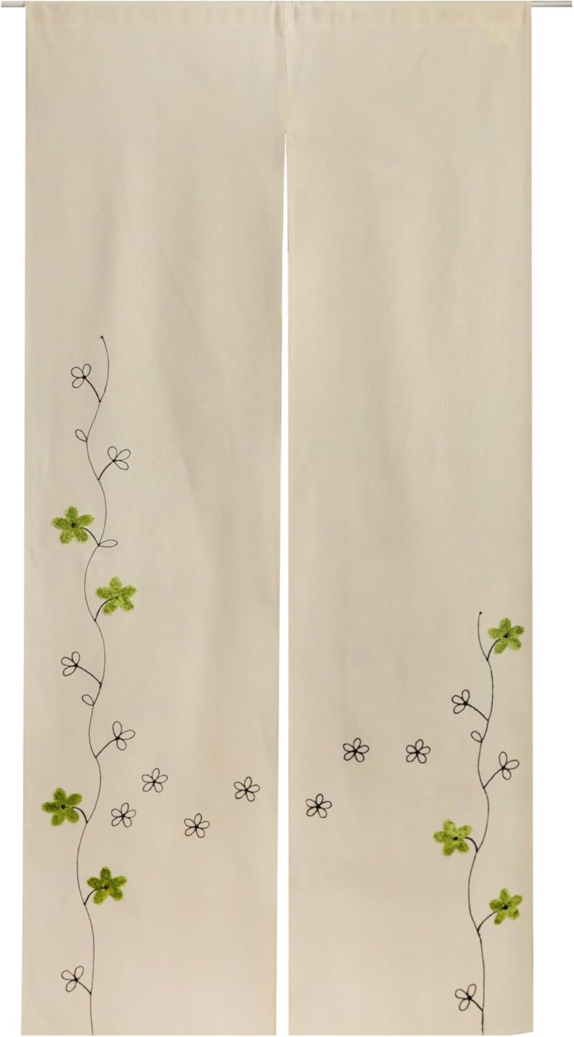 YURLISA春夏冬おしゃれ花柄刺繍入りの麻風のれん (グリーン刺繍, 幅85㎝x150㎝丈)