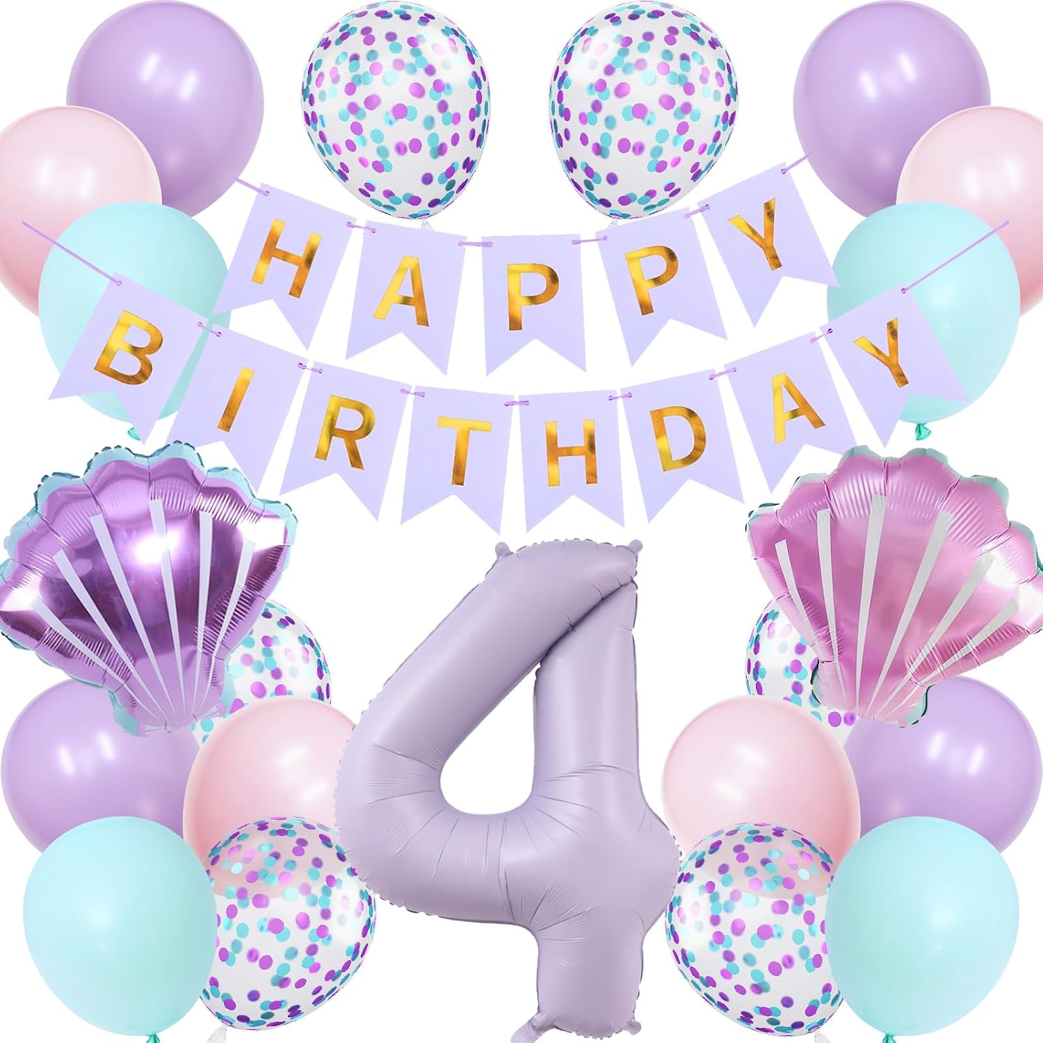 Lausatek バルーン 誕生日 4歳 風船セット HAPPY BIRTHDAY バースデー ガーランド バースデー 飾り付け 数字4 シェル 装飾 お祝い イベント 子ども 男の子 女の子 パープル