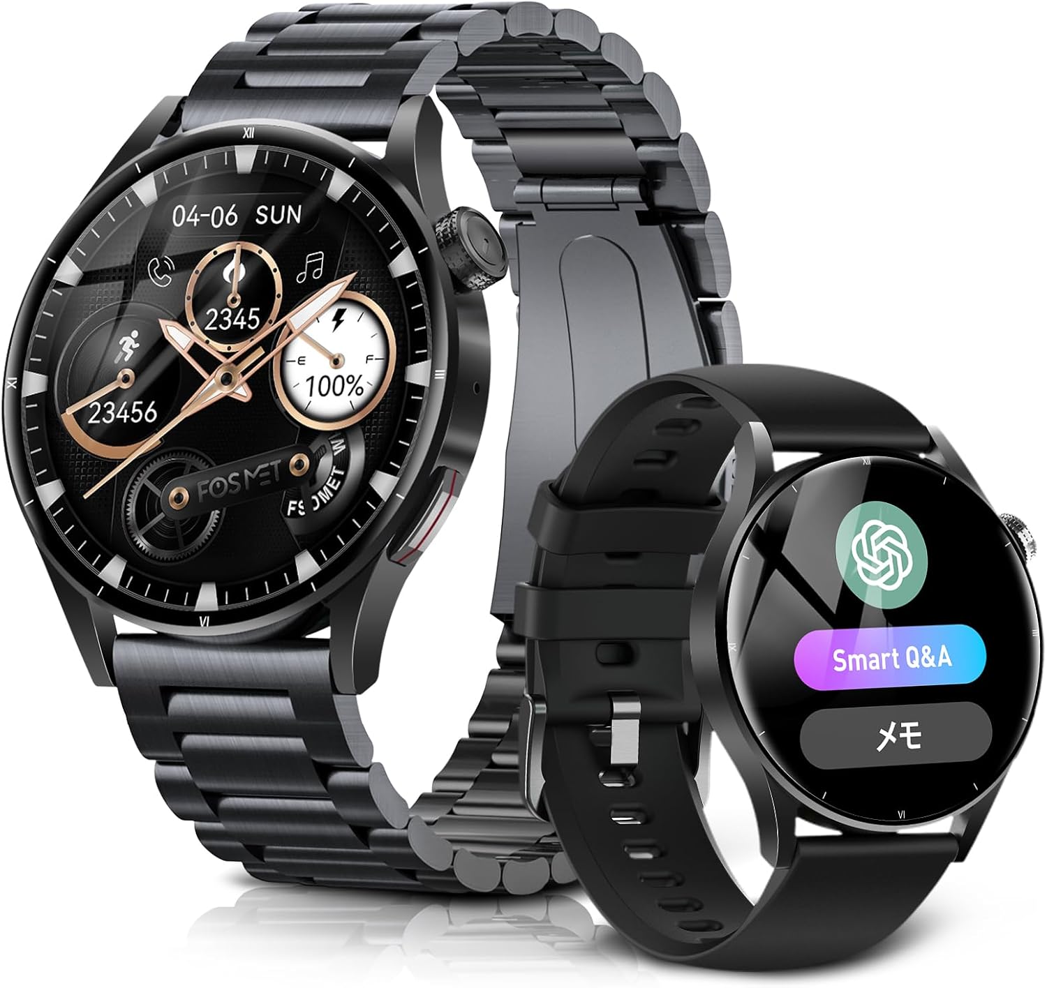 スマートウォッチ ChatGPT【2026最新・第3世代】FOSMET QS40 iPhone アンドロイド対応 Smart Watch 丸型 メンズ 10日間のバッテリー持ち 常時表示 AI文字盤 1.43インチ AMOLEDディスプレイ サファイアガラス搭載 通知や通話機能付き自動運動検知 3ATM防水 付属ベルト2本 (ブラック)