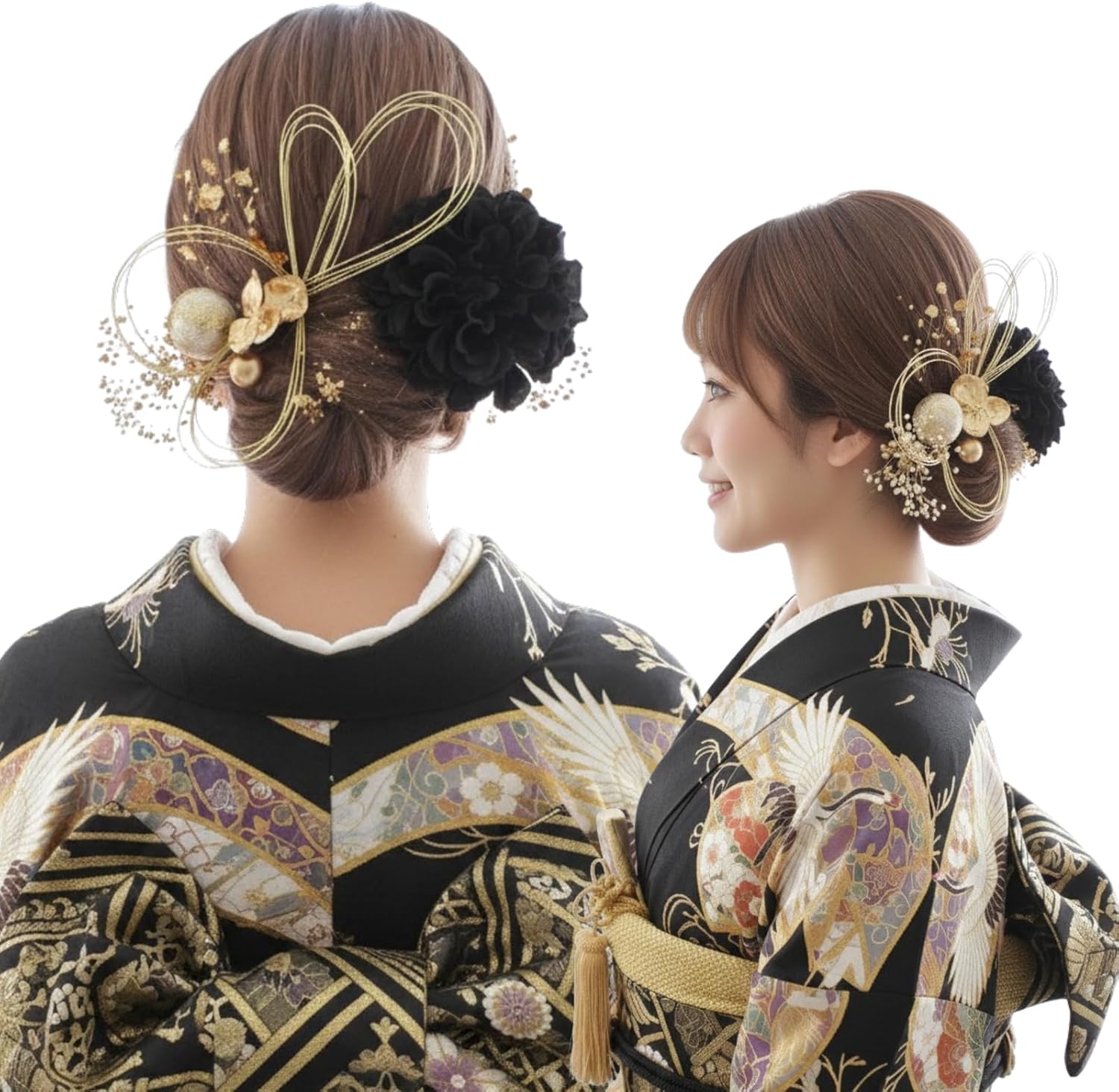 [LALALA beauty flowers] 髪飾り 成人式 振袖 黒 ブラック 卒業式 袴 リボン 和装 着物 七五三 結婚式 二十歳の集い ヘアアクセサリー (ブラック) 2429