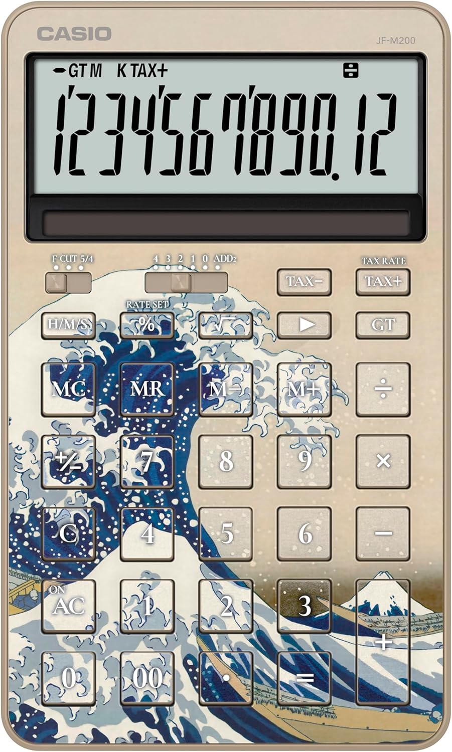 カシオ デザイン電卓ジャスト型スタイリッシュ 葛飾北斎デザイン「神奈川沖浪裏」 12桁 JF-M200-TJ-KHK-N